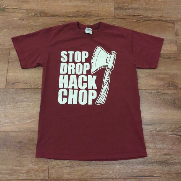 VTG Gildan Stop Drop Hack Chop Adult Medium Shirt Lumberjack Axe Joke Y2K - Picture 1 of 6